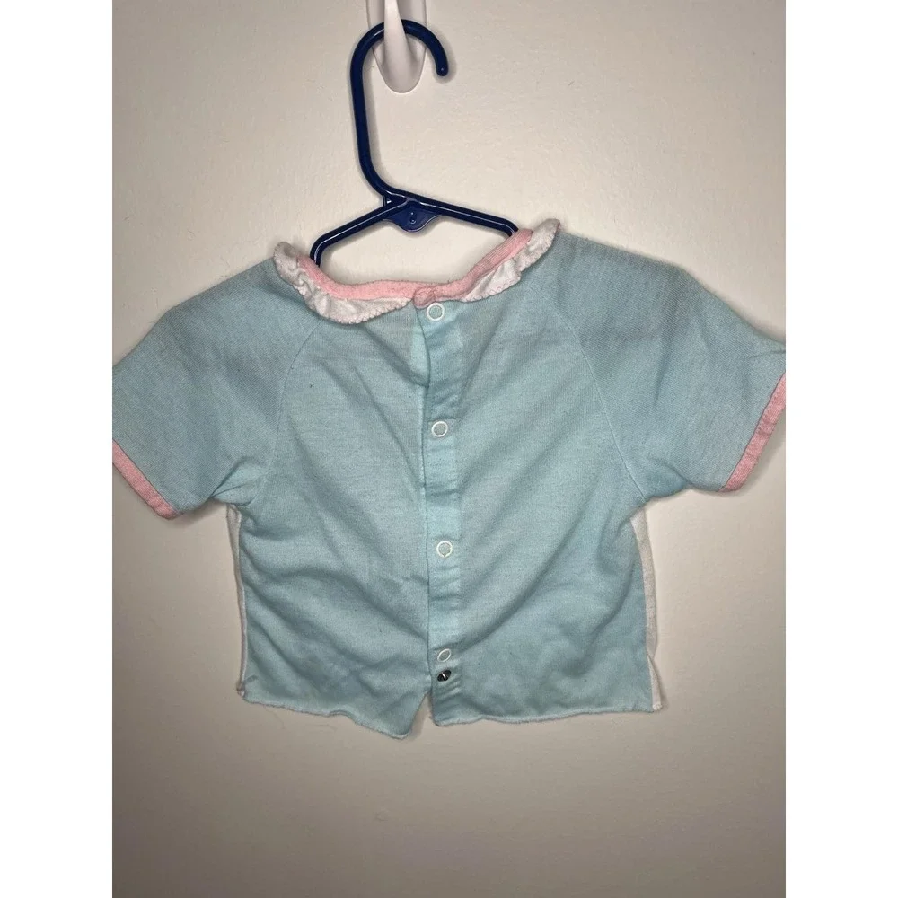 Vintage Baby Carter's T shirt Cat Bird Scene 90's Blue Pink White Frill‎ Collar